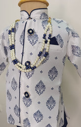 Infants Blue Block Print Dhoti Set - Chain and Shoes Included